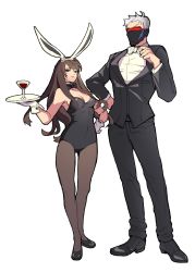 Rule 34 | 1boy, 1girl, absurdres, adjusting bow, alcohol, animal ears, bad id, bad twitter id, bare shoulders, belda34, black bow, black bowtie, black footwear, black jacket, black leotard, black pants, bow, bowtie, breasts, covered mouth, cup, d.va (overwatch), detached collar, dress shirt, drinking glass, facepaint, facial mark, fake animal ears, fishnet pantyhose, fishnets, formal, glass, gloves, hand on own hip, highres, holding, holding plate, jacket, leotard, long sleeves, looking at viewer, mask, medium breasts, mouth mask, overwatch, overwatch 1, pants, pantyhose, pink lips, plate, playboy bunny, rabbit ears, scar, scar across eye, scar on face, shirt, shoes, short hair, simple background, soldier: 76 (overwatch), standing, strapless, strapless leotard, suit, traditional bowtie, visor, whisker markings, white background, white gloves, white hair, white shirt, wine, wine glass