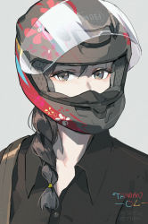 Rule 34 | 1girl, artist name, black hair, black shirt, blouse, braid, braided ponytail, collared shirt, commentary request, covered mouth, grey background, grey eyes, helmet, highres, looking at viewer, motorcycle helmet, original, pixiv id, shirt, simple background, single braid, solo, tennohi, upper body