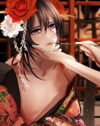 Rule 34 | 1boy, androgynous, applying lipstick, applying makeup, black hair, grabbing another&#039;s chin, crossdressing, floral print, flower, hair flower, hair ornament, hand on another&#039;s chin, highres, japanese clothes, kimono, lipstick, long hair, makeup, male focus, namazuo toushirou, off shoulder, paintbrush, purple eyes, red flower, red rose, rose, touken ranbu, trap, white flower, white rose