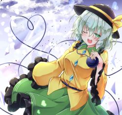 Rule 34 | 1girl, ;d, aka tawashi, black hat, breasts, commentary request, cowboy shot, frilled shirt collar, frilled sleeves, frills, green eyes, green hair, green skirt, hair between eyes, hand up, hat, hat ribbon, heart, heart of string, highres, holding, koishi day, komeiji koishi, large breasts, long sleeves, looking at viewer, one eye closed, open mouth, petticoat, ribbon, shirt, short hair, skirt, smile, solo, third eye, touhou, wide sleeves, yellow ribbon, yellow shirt