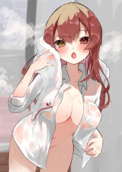 Rule 34 | 1girl, absurdres, after bathing, alternate costume, alternate hairstyle, arrow through heart, blouse, blush, breasts, cleavage, collared shirt, commentary, cowboy shot, dress shirt, groin, hair down, heterochromia, highres, holding, holding towel, hololive, houshou marine, large breasts, long hair, looking at viewer, naked shirt, navel, open clothes, open mouth, open shirt, red eyes, red hair, see-through, see-through shirt, shirt, solo, steam, takeno omoti, thighs, towel, virtual youtuber, wet, wet clothes, wet shirt, white shirt, wing collar, yellow eyes