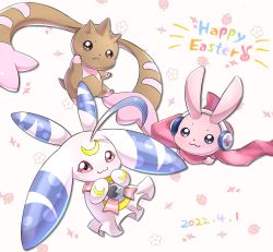 Rule 34 | 2022, :3, artist request, cutemon, dated, digimon, digimon (creature), fang, full body, happy easter, headphones, highres, horns, looking at viewer, lopmon, lunamon, rabbit ears, scarf, smile