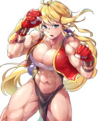 Rule 34 | 1girl, abs, absurdres, bandaid, blonde hair, blue eyes, breasts, commentary request, cowboy shot, fingerless gloves, gauntlets, gloves, hair ornament, hairclip, highres, huge filesize, large breasts, long hair, mr.lime, muscular, muscular female, navel, original, pelvic curtain, ponytail, ponytail holder, sarashi, white background