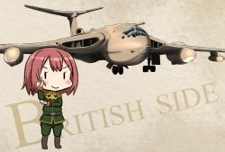 Rule 34 | 1girl, aircraft, airplane, belt, bob cut, bomber, united kingdom, brown belt, commentary request, epaulettes, fairy (kancolle), green jacket, green pants, handley page victor, jacket, kantai collection, long sleeves, military, military uniform, military vehicle, pants, red hair, short hair, solid oval eyes, solo, tsukemon, uniform, vehicle focus