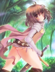 Rule 34 | 1girl, armor, ass, bad id, bad pixiv id, blush, breastplate, brown cape, brown eyes, brown hair, brown socks, bush, cape, chainmail, closed mouth, commentary request, day, feet out of frame, forest, gauntlets, hair between eyes, hizukiryou, holding, holding sword, holding weapon, kneehighs, knight (ragnarok online), looking at viewer, looking back, medium hair, nature, outdoors, pauldrons, ragnarok online, shoulder armor, smile, socks, solo, sword, tree, underbutt, weapon