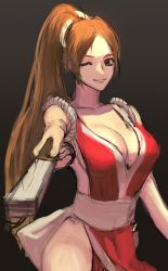 Rule 34 | 1girl, breasts, brown hair, cleavage, hand fan, fatal fury, female focus, large breasts, long hair, ponytail, shiranui mai, smile, solo