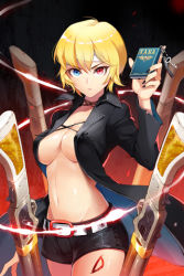 Rule 34 | 1girl, belt, blonde hair, blue eyes, book, breasts, cleavage, coat, gilse, gun, heterochromia, key, large breasts, lowres, nail polish, navel, open clothes, open shirt, red eyes, shiny skin, shirt, short hair, short shorts, shorts, solo, sword girls, weapon