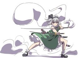 Rule 34 | 1girl, black footwear, black hairband, closed mouth, frilled skirt, frills, full body, ghost, green eyes, green skirt, green vest, grey hair, gyouza (mhea5724), hairband, highres, holding, holding sword, holding weapon, konpaku youmu, konpaku youmu (ghost), looking at viewer, multiple swords, sheath, shirt, short hair, short sleeves, simple background, skirt, socks, solo, standing, sword, touhou, vest, weapon, white background, white shirt, white socks