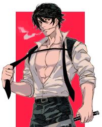 Rule 34 | 1boy, black hair, black necktie, chainsaw man, chest belt, cigarette, collared shirt, ear piercing, hair between eyes, highres, holding, holding sword, holding weapon, katana, kishibe (chainsaw man), kishibe (young) (chainsaw man), looking to the side, muscular, muscular male, necktie, partially unbuttoned, pectorals, piercing, popped collar, scar, shirt, shirt tucked in, short hair, sleeves rolled up, smoke, smoking, solo, stitched face, stitched mouth, stitches, sword, tirtyturtle, two-tone background, undone necktie, weapon, white shirt