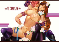 Rule 34 | 2girls, absurdres, biting, breasts, brown hair, caitlyn (league of legends), character name, hand in panties, highres, large breasts, league of legends, long hair, midriff, multiple girls, navel, neck biting, panties, pink hair, short hair, simple background, tattoo, underwear, vi (league of legends), yuri, zhi ye