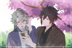 Rule 34 | 2boys, ahoge, antenna hair, artist name, baizhu (genshin impact), black kimono, blurry, blurry background, border, brown eyes, brown hair, brown jacket, bubble tea, bush, cherry blossoms, closed mouth, commentary, cup, day, disposable cup, drinking straw, earrings, eyeliner, eyewear strap, genshin impact, glasses, green hair, hair between eyes, hand up, haori, highres, holding, holding cup, jacket, japanese clothes, jewelry, kimono, long hair, long sleeves, looking at another, looking down, makeup, male focus, multiple boys, open clothes, open jacket, open mouth, orange eyes, outdoors, parted bangs, purple jacket, red eyeliner, semi-rimless eyewear, single earring, smile, swept bangs, tassel, tassel earrings, tongue, tongue out, transparent border, tree, twitter username, under-rim eyewear, upper body, usushio oishii, white kimono, zhongli (genshin impact)