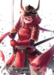 Rule 34 | 1girl, absurdres, armor, commentary request, commission, english text, full armor, helmet, highres, holding, holding sword, holding weapon, japanese armor, kabuto (helmet), kanogawa hiro, katana, kote, kusazuri, looking at viewer, original, red eyes, samurai, scarf, sheath, shoulder armor, sode, solo, sword, unsheathed, weapon, white hair