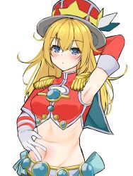 Rule 34 | 1girl, arm up, armpits, asymmetrical sleeves, blonde hair, blue eyes, blush, breasts, capelet, cleavage cutout, clothing cutout, commentary request, crop top, duel monster, epaulettes, gloves, groin, hair between eyes, hat, highres, long hair, looking at viewer, medium breasts, michiruri, midriff, navel, orb, parted lips, pendulum witch, red capelet, red hat, red shirt, shirt, sidelocks, simple background, solo, spread navel, standing, top hat, white background, white gloves, yu-gi-oh!