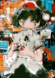 Rule 34 | 1girl, abstract, abstract background, bird wings, black hair, black neckwear, black wings, camera, collared shirt, colorful, hat, hito (nito563), holding, holding camera, red eyes, red hat, shameimaru aya, shirt, short hair, short sleeves, solo, tokin hat, touhou, upper body, white shirt, wings