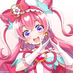 Rule 34 | 1girl, :d, blush, bow, brooch, choker, cone hair bun, cure precious, delicious party precure, double bun, earrings, flower, frilled hairband, frills, gloves, hair bow, hair bun, hair flower, hair ornament, hairband, heart, heart brooch, jewelry, long hair, looking at viewer, magical girl, nagomi yui, open mouth, pink bow, pink choker, pink hair, pink hairband, precure, purple eyes, simple background, smile, solo, twitter username, upper body, white background, white gloves, yukinko (yukiwork)