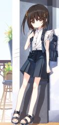 Rule 34 | 1girl, backpack, bag, black footwear, black hair, black shorts, brown eyes, closed mouth, full body, hair between eyes, hair ornament, hairclip, highres, looking at viewer, one side up, original, plant, pleated shorts, potted plant, sandals, shiho (yuuhagi (amaretto-no-natsu)), shirt, shorts, solo, standing, white shirt, yuuhagi (amaretto-no-natsu)