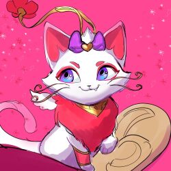 Rule 34 | animal, animal focus, bow, cat, flower, hair bow, heartseeker yuumi, highres, league of legends, no humans, pink background, pink bow, pink eyes, red flower, sitting, wosashimi, yuumi (league of legends)
