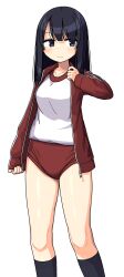 1girl black_hair black_socks blush buruma closed_mouth collarbone feet_out_of_frame gym_uniform highres jacket legs maruput medium_hair open_clothes open_jacket original red_buruma shirt simple_background socks solo standing track_jacket white_background white_shirt zipper_pull_tab