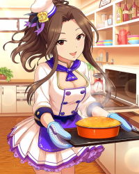 Rule 34 | 10s, 1girl, apron, artist request, breasts, brown hair, cake, cleavage, dress, food, hat, holding, idolmaster, idolmaster cinderella girls, kitchen, komuro chinami, long hair, looking at viewer, mittens, official art, open mouth, oven, oven mitts, patissier, plant, ponytail, red eyes, smile, solo