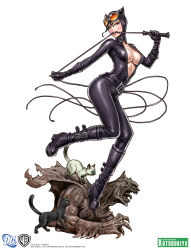 Rule 34 | 1girl, animal, animal ears, batman (series), belt, black cat, black hair, bodysuit, boots, breasts, cape, cat, catwoman, claws, cleavage, clenched teeth, collar, copyright name, dc comics, emblem, fake animal ears, female focus, full body, gargoyle, gloves, goggles, goggles on head, green eyes, high heels, highres, hood, knee boots, large breasts, latex, leg lift, lipstick, looking at viewer, makeup, mouth hold, muscular, naughty face, no bra, open clothes, open mouth, platform footwear, selina kyle, shoes, simple background, skin tight, solo, standing, standing on one leg, statue, strap, teeth, tongue, torn clothes, unzipped, warner bros, watermark, weapon, whip, white background, yamashita shun&#039;ya, zipper