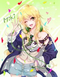 Rule 34 | 1girl, ahoge, bare shoulders, blue jacket, blue shorts, breasts, buttons, cable, cleavage, collarbone, confetti, cowboy shot, denim, denim shorts, digital media player, green eyes, green headphones, headphones, headphones around neck, heart, heart of string, highres, holding, holding cable, hoshii miki, idolmaster, jacket, light blue shorts, long hair, looking at viewer, matori (penguin batake), medium breasts, midriff, navel, one eye closed, open clothes, open jacket, open mouth, short shorts, shorts, smile, solo, star (symbol), star print, teeth, twitter username, two-sided fabric, two-sided jacket, upper teeth only, very long hair