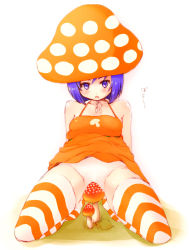 Rule 34 | 1girl, blush, censored, clothes lift, dress, dress lift, gdgd fairies, grass, korokoro, leaning back, looking at viewer, mushroom, open mouth, orange dress, panties, purple eyes, purple hair, sexually suggestive, shinogi k, solo, spread legs, striped clothes, striped thighhighs, teeth, thighhighs, underwear, white panties