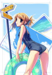 Rule 34 | 00s, 1girl, aircraft, airplane, ass, beach, black eyes, blonde hair, blue one-piece swimsuit, blush, breasts, cloud, contrail, folded ponytail, from behind, hiiro yuki, innertube, komaki manaka, leaning forward, looking at viewer, looking back, ocean, one-piece swimsuit, open mouth, sand, school swimsuit, sign, sky, small breasts, solo, standing, swim ring, swimsuit, to heart (series), to heart 2, water