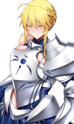 Rule 34 | 1girl, absurdres, ahoge, arind yudha, armor, armored dress, artoria pendragon (fate), artoria pendragon (lancer) (fate), blonde hair, blue dress, bracer, braid, breasts, chest armor, closed mouth, dress, fate/grand order, fate (series), green eyes, hair between eyes, highres, medium breasts, pauldrons, short hair with long locks, shoulder armor, single bare shoulder, single pauldron, solo