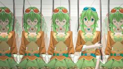 Rule 34 | 6+girls, arms at sides, belt, blue belt, brooch, cable, clone, closed eyes, commentary request, cropped jacket, detached collar, goggles, goggles on head, green belt, green eyes, green hair, green skirt, gumi, highres, holding own arm, jacket, jewelry, looking at viewer, looking down, midriff, multiple girls, orange jacket, reflection, short hair, skirt, vocaloid, wounds404