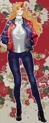 Rule 34 | 1girl, absurdres, alternate costume, boots, casual, contemporary, cross-laced footwear, denim, floral background, floral print, full body, hands in pockets, high heel boots, high heels, highres, horns, hoshiguma yuugi, jacket, jeans, lace-up boots, long hair, long legs, messy hair, pants, pointy ears, red eyes, sharp teeth, single horn, solo, standing, sweater, tall, teeth, touhou, turtleneck, white sweater