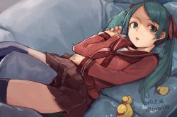 Rule 34 | 10s, 1girl, black thighhighs, coach, dated, green hair, grey eyes, hair ribbon, kantai collection, long hair, looking at viewer, lying, mikuma (kancolle), neckerchief, on back, open mouth, pleated skirt, ribbon, rubber duck, sailor collar, school uniform, skirt, solo, thighhighs, toro (konirio), twintails, twitter username