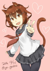 Rule 34 | 10s, 1girl, :d, ahoge, anchor symbol, animal ears, black pantyhose, blush stickers, brown eyes, brown hair, cat ears, cat tail, dated, dot nose, fang, gedou (ge ge gedou), hair between eyes, hair ornament, hairpin, heart, ikazuchi (kancolle), kantai collection, kemonomimi mode, long sleeves, looking at viewer, neckerchief, open mouth, pantyhose, pink background, pleated skirt, red neckerchief, school uniform, serafuku, short hair, simple background, skirt, sleeves past wrists, smile, solo, tail, twitter username, v
