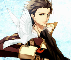 Rule 34 | 1boy, alvin (tales), animal on arm, ascot, bad id, bad pixiv id, bird, bird on arm, brown eyes, brown hair, coat, gradient background, kazutang, male focus, smile, solo, tales of (series), tales of xillia, white background
