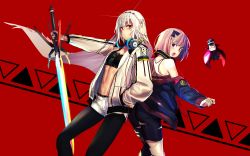 Rule 34 | 2girls, altera (fate), ass, back, bare shoulders, black legwear, dark skin, dark-skinned female, fate/grand order, fate (series), floating, full-body tattoo, hand in pocket, headphones, headphones around neck, helena blavatsky (fate), highres, holding, holding sword, holding weapon, i-pan, jacket, looking at viewer, multiple girls, navel, open mouth, purple eyes, purple hair, red eyes, short hair, shorts, sword, tattoo, torn clothes, veil, weapon, white hair