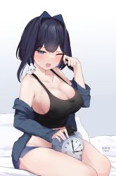 Rule 34 | 1girl, :o, ;o, absurdres, animal, animal on shoulder, bed sheet, between thighs, black hair, black tank top, blue eyes, blue sweater, blush, boros (ouro kronii), breasts, cleavage, clock hands, collarbone, drooling, hair intakes, highres, hololive, hololive english, kronie (ouro kronii), large breasts, looking at viewer, namiorii, off shoulder, one eye closed, ouro kronii, pillow, rubbing eyes, short hair, short shorts, shorts, sideboob, sitting, sleepy, snake, sweater, tank top, teeth, thighs, upper teeth only, virtual youtuber, waking up