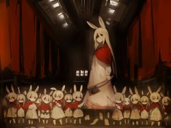 Rule 34 | 1girl, animal ears, axe, bad id, bad twitter id, closed mouth, colored skin, dress, hair between eyes, highres, holding, holding axe, holding weapon, indoors, long hair, long sleeves, original, pale skin, poncho, rabbit ears, rabbit girl, red eyes, shaded face, shirokujira, short hair, short twintails, standing, twintails, weapon, white dress, white hair, white skin