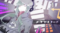 Rule 34 | 1girl, green hair, hair over one eye, hood, hoodie, kagerou project, kido tsubomi, long hair, mekakushi code (vocaloid), red eyes, road sign, sidu (dsd kgn), sign, solo, traffic light, vocaloid