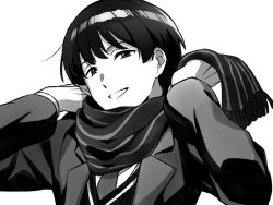 Rule 34 | 1boy, asada hachi, blazer, cardigan, collared shirt, commentary request, grey background, greyscale, jacket, kyoukai no kanata, looking at viewer, male focus, monochrome, nase hiroomi, necktie, open clothes, open jacket, parted lips, scarf, school uniform, shirt, short hair, smile, solo, twitter username, watermark