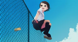 Rule 34 | 1girl, chain-link fence, cloud, day, fence, happy, ichikawa, note, school uniform, serafuku, shoes, single shoe, sitting, sky, socks, solo