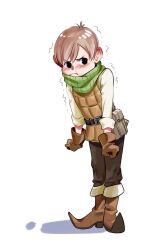 Rule 34 | 1boy, :t, aaanax (lofter), armor, belt, belt pouch, blush, brown footwear, brown gloves, brown hair, brown pants, chilchuck tims, chinese commentary, dungeon meshi, ear blush, full body, gloves, green scarf, halfling, highres, leather armor, looking at viewer, male focus, pants, pointy footwear, pouch, pout, scarf, shirt, short hair, sideways glance, simple background, sleeves rolled up, solo, swept bangs, trembling, white background, white shirt