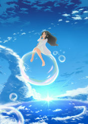 Rule 34 | absurdres, black hair, blowing, brown eyes, bubble, blowing bubbles, cloud, dress, floating, hair ornament, hairclip, highres, long hair, momo no kanzume, original, sky, solo, sweater
