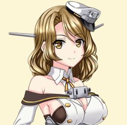 Rule 34 | 1girl, beige background, breasts, brown eyes, brown hair, cleavage, commentary request, detached collar, headgear, houston (kancolle), kantai collection, karuna (madlax), large breasts, long hair, long sleeves, looking at viewer, off shoulder, short hair, simple background, solo