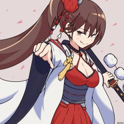 Rule 34 | 1006kbps, 1girl, absurdres, azur lane, breasts, brown eyes, brown hair, high ponytail, highres, japanese clothes, katana, kimono, large breasts, long hair, miniskirt, pleated skirt, pointing, pointing at viewer, ponytail, red skirt, sheath, skirt, solo, standing, sword, very long hair, weapon, white kimono, wide sleeves, zuikaku (azur lane)