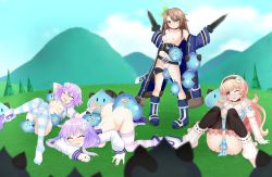 Rule 34 | 4girls, ;o, ass, bestiality, black legwear, black tube top, blue coat, blush, bottomless, breasts, brown eyes, brown hair, choker, choujigen game neptune the animation, closed eyes, clothes pull, coat, commentary, commission, compa, d-pad, d-pad hair ornament, day, dogoo, english commentary, full body, green eyes, hair between eyes, hair ornament, hairband, holding, holding sword, holding weapon, if (neptunia), jacket, knees together feet apart, leaf hair ornament, long hair, medium breasts, medium hair, multiple girls, nepgear, neptune (neptunia), neptune (series), nipples, no bra, no panties, on grass, on ground, one eye closed, open clothes, open jacket, open mouth, outdoors, purple hair, pussy, santystuff, small breasts, smile, spread legs, standing, strapless, striped clothes, striped legwear, striped thighhighs, sword, thighhighs, tube top, tube top pull, uncensored, vaginal, weapon, white choker