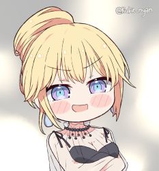 Rule 34 | 1girl, blonde hair, blue eyes, breasts, dress, hair bun, hair ornament, hololive, hololive english, kukie-nyan, looking at viewer, mole, mole on breast, open mouth, single hair bun, smile, solo, virtual youtuber, watson amelia, watson amelia (party dress)
