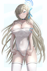 Rule 34 | 1girl, adjusting clothes, adjusting swimsuit, asuna (blue archive), asymmetrical bangs, blue archive, blue eyes, breasts, clothes pull, hair ribbon, halo, highleg, highleg swimsuit, huge breasts, light brown hair, long hair, looking at viewer, mashinatsu, mole, mole on breast, one-piece swimsuit, one-piece swimsuit pull, ribbon, solo, swimsuit, thighhighs, wet, wet clothes, wet swimsuit, white thighhighs