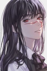 Rule 34 | 1girl, am88121, black hair, black ribbon, chainsaw man, close-up, facial scar, fourth east high school uniform, long hair, looking at viewer, red eyes, ribbon, ringed eyes, scar, scar on cheek, scar on face, school uniform, simple background, solo, white background, yoru (chainsaw man)
