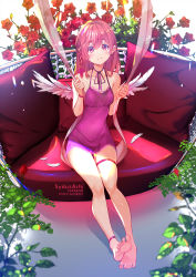 Rule 34 | 1girl, angel wings, artist name, bare legs, bare shoulders, barefoot, blurry, blush, bow, braid, breasts, closed mouth, collarbone, commentary, covered navel, cushion, depth of field, dress, earrings, english commentary, feathered wings, flower, full body, hair bow, highres, jewelry, kanojo okarishimasu, light frown, long hair, looking at viewer, nail polish, neck ribbon, plant, purple bow, purple dress, purple eyes, purple hair, purple nails, purple ribbon, red flower, ribbon, sakurasawa sumi, short dress, side braid, single earring, sitting, sleeveless, sleeveless dress, small breasts, solo, sydus, thigh gap, thigh strap, toenail polish, toenails, white wings, wings, wristband