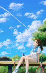 Rule 34 | 1191174237, 1girl, backpack, bag, bandaid, bandaid on knee, bandaid on leg, bench, bottle, brown eyes, brown hair, can, closed mouth, cloud, commentary request, day, drink, hair tie, highres, holding, holding can, holding drink, original, ponytail, racket, scenery, shirt, shoes, short sleeves, sitting, smile, sneakers, socks, solo, summer, sweat, towel, towel around neck, water bottle, white footwear, white shirt, white socks