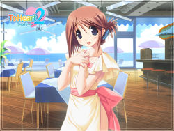Rule 34 | 00s, 1girl, back cutout, blue eyes, bow, brown hair, cafe, chair, clothing cutout, cloud, collarbone, copyright name, day, folded ponytail, hands on own chest, komaki manaka, looking at viewer, ocean, sash, short sleeves, side slit, sky, smile, solo, table, to heart (series), to heart 2